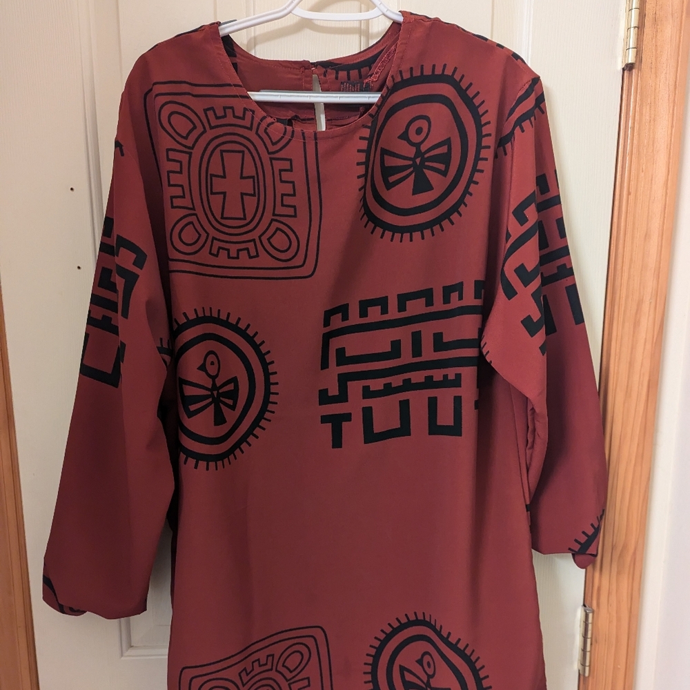 XL Ladies Ashro African Patterned Three Piece Cranberry and Black Geometric Set